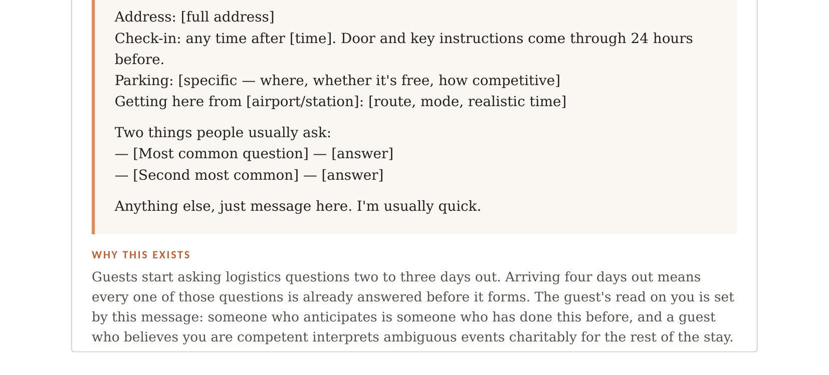 A guest message template with its send timing and a note explaining why it works